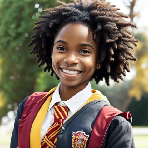 <lora:gryffindor uniform_20240224012317:1> an African-American girl, wearing a gryffindor uniform, smiling