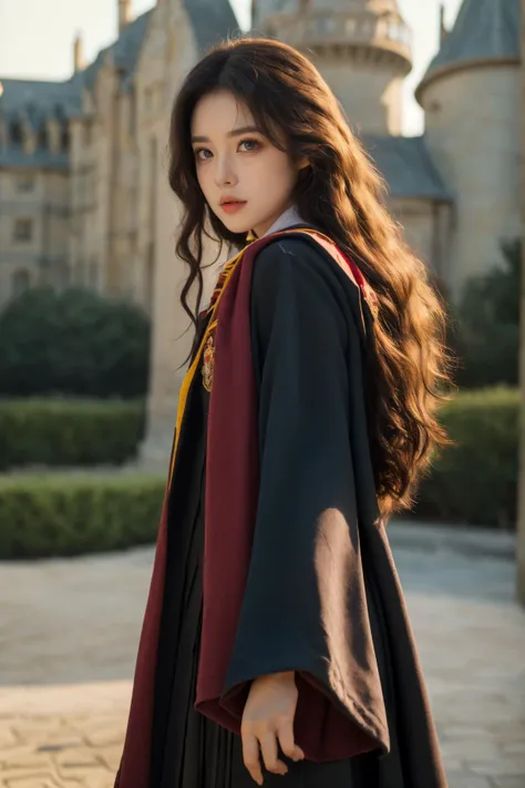 (Best Quality, Masterpiece:1.4), (Realism:1.2), (Realisitc:1.2), (Absurdres:1.2), (photorealistic:1.3), 1 girl,Realistic Skin,Solo,( Very Big Eyes,beautiful detailed eyes, symmetric eyes,), cosplay, gryffindor uniform, hogwarts school uniform, looking at v...