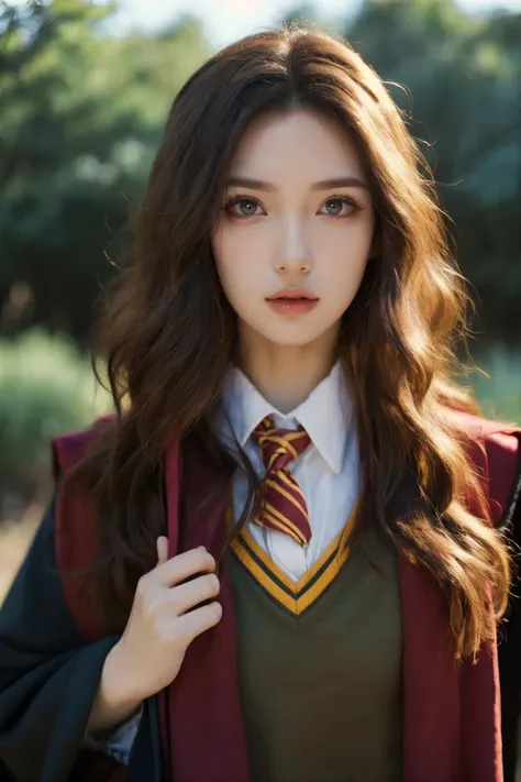 (Best Quality, Masterpiece:1.4), (Realism:1.2), (Realisitc:1.2), (Absurdres:1.2), (photorealistic:1.3), 1 girl,Realistic Skin,Solo,( Very Big Eyes,beautiful detailed eyes, symmetric eyes,), cosplay, gryffindor uniform, hogwarts school uniform, looking at v...