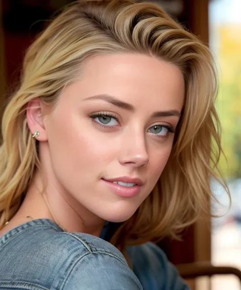 Amber Heard in a cafe. Looking into the camera. Wearing jeans and a sweater. Daytime, sunshine. Matte skin, pores, hyperdetailed, hyperrealistic. Natural, realistic, photograph. <lyco:Amber Heard:1>