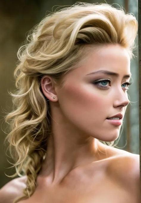 a close up of a woman with a very long blond hair