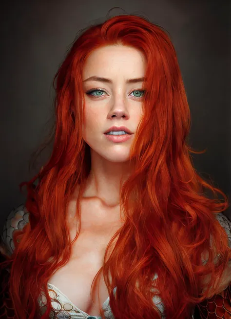 a close up of a woman with red hair and a green eyes