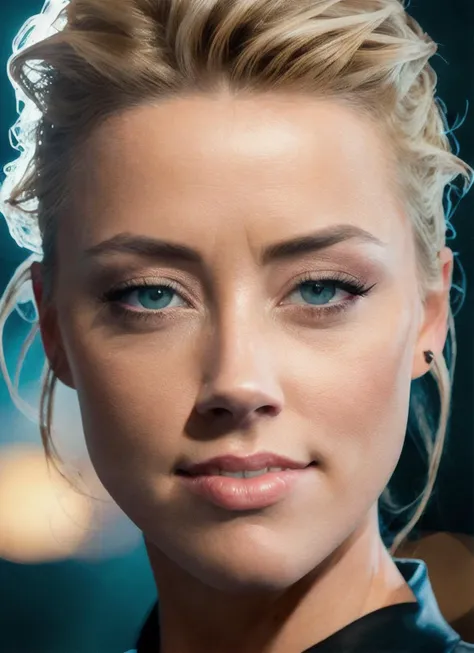 a close up of a woman with a messy bun in her hair