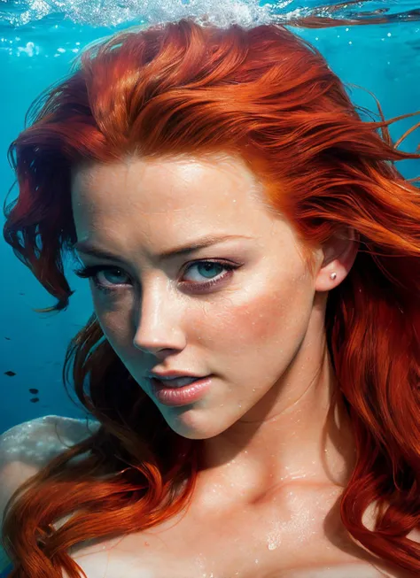 a close up of a woman with red hair under water