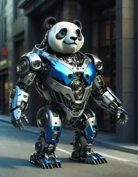 a close up of a robot panda standing on a city street