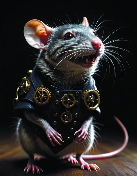 there is a rat that is wearing a leather jacket and a collar