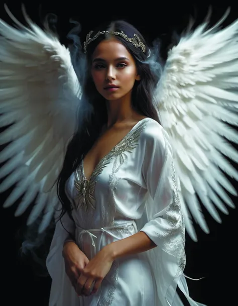 a woman with white wings is posing for a picture