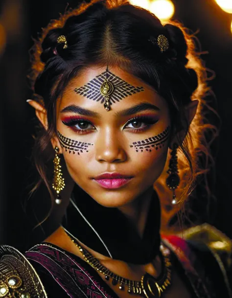 ultra-detailed and realistic close portrait RAW photo of cute friendly goblin Zendaya in queen tribal dress,symmetrical face markings with slight touches of ketchup and olive skin,beautiful and sophisticated looking,cinematic lighting,very detailed,formal ...