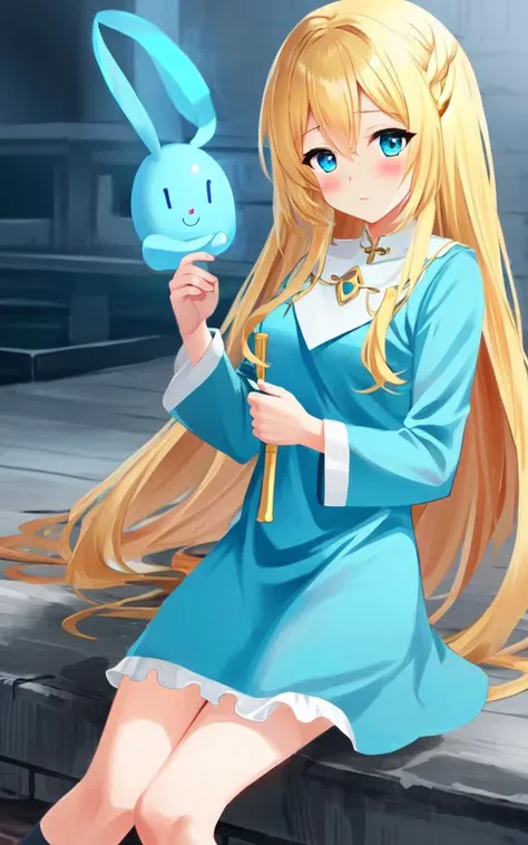 <lora:gs_priestess:0.3:lbw=NP> gs_priestess kawaii petit cute 1girl, blonde hair, very long hair, sidelock, bang hair, between eyes, blue eyes, eyelashes, medium breasts, thigh skindantation Delighted blush, vivid aqua shirt turquoise mini skirt  ankle soc...