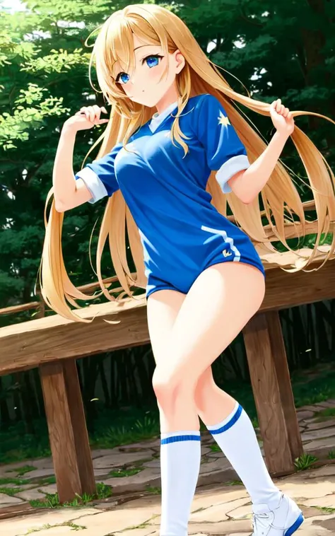 <lora:gs_priestess:0.3:lbw=NP> gs_priestess kawaii petit cute 1girl, blonde hair, very long hair, sidelock, bang hair, between eyes, blue eyes, eyelashes, medium breasts, thigh skindantation Joyful, <lora:_TrueBuruma:0.4:lbw=DF> hazel buruma, white gym_uni...