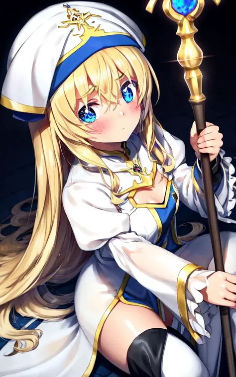 <lora:gs_priestess:0.7:lbw=NP> gs_priestess kawaii petit cute 1girl, blonde hair very long hair sidelock bang hair between eyes, blue eyes eyelashes thick eyebrows, medium breasts, thigh skindantation +++ pupils sparkling blush  +++ white headwear, white l...