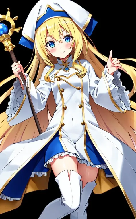 <lora:gs_priestess:0.5:lbw=NP> gs_priestess kawaii petit cute 1girl, blonde hair very long hair sidelock bang hair between eyes, blue eyes eyelashes thick eyebrows, medium breasts, thigh skindantation +++ smile blush  +++ black underware, white headwear, w...