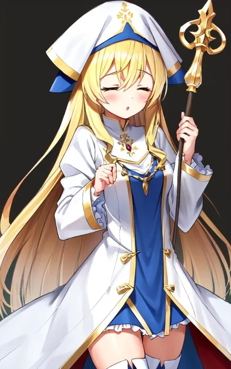 <lora:gs_priestess:0.5:lbw=NP> gs_priestess kawaii petit cute 1girl, blonde hair very long hair sidelock bang hair between eyes, blue eyes eyelashes thick eyebrows, medium breasts, thigh skindantation +++ own hands together, closed eyes :o  +++ black under...