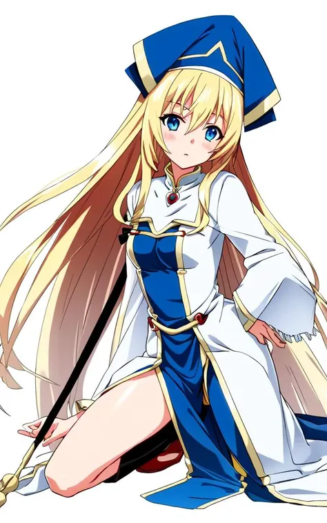 <lora:gs_priestess:0.8> gs_priestess kawaii petit cute 1girl, blonde hair very long hair sidelock bang hair between eyes, blue eyes eyelashes thick eyebrows, medium breasts, thigh skindantation Bashful blush  black underware, white headwear, white long rob...