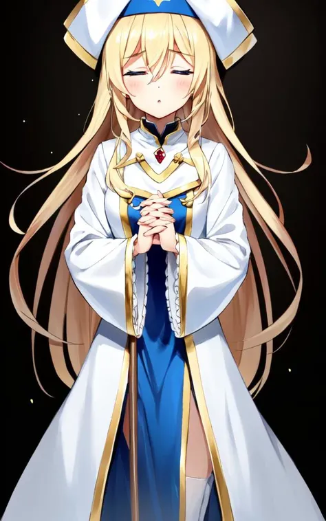 <lora:gs_priestess:0.7:lbw=NP> gs_priestess kawaii petit cute 1girl, blonde hair very long hair sidelock bang hair between eyes, blue eyes eyelashes thick eyebrows, medium breasts, thigh skindantation +++ own hands together, closed eyes :o  +++ black under...