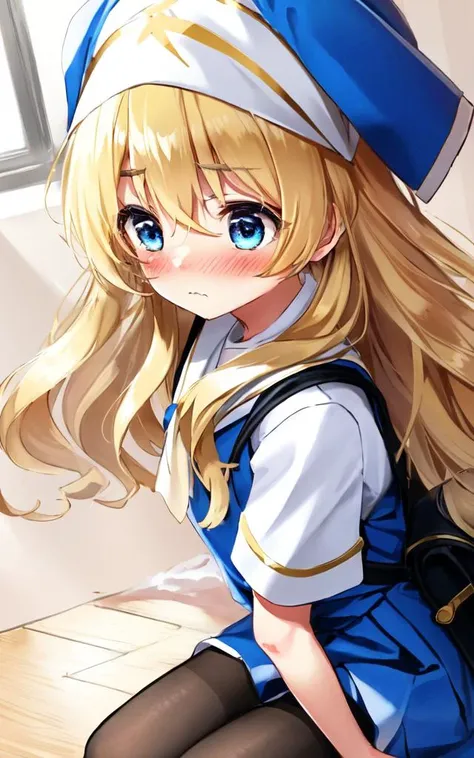 <lora:gs_priestess:0.5:lbw=NP> gs_priestess kawaii petit cute 1girl, blonde hair very long hair sidelock bang hair between eyes, blue eyes eyelashes thick eyebrows, medium breasts, thigh skindantation +++ wavy mouth blush  +++, hip view, face to tiptoe , l...