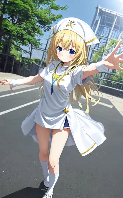 <lora:gs_priestess:0.4> gs_priestess 1girl, blonde hair, reaching out, <lora:_TrueBuruma:0.4:lbw=DF> vermilion buruma, white gym_uniform, white high socks white shoes