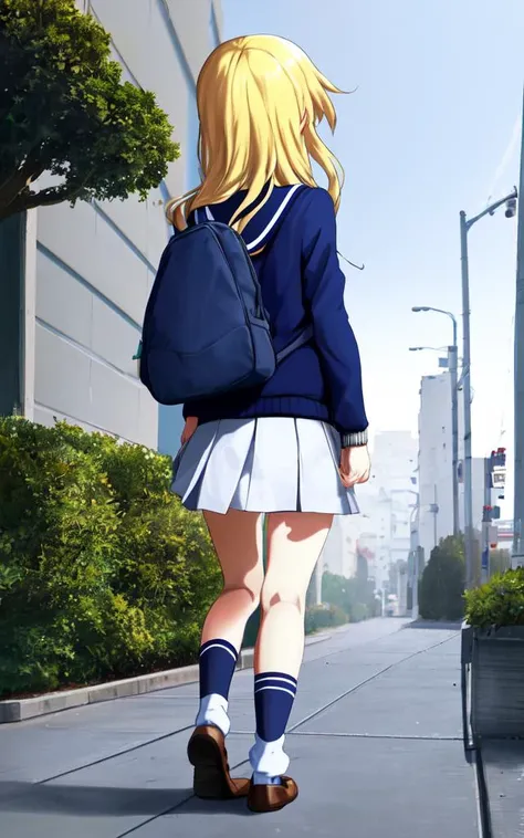 <lora:gs_priestess:0.3> gs_priestess 1girl, blonde hair, from behind, school uniform, navy  long sleeve, sweater  slouch socks, school bag