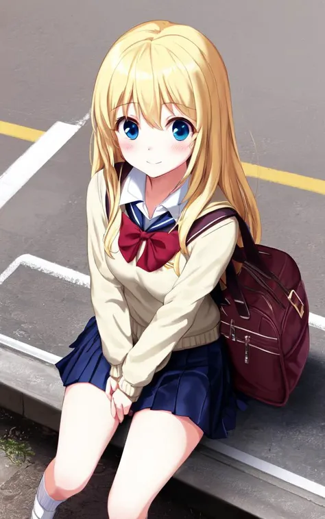 <lora:gs_priestess:0.3> gs_priestess 1girl, blonde hair, from above, school uniform, white  long sleeve, sweater  loose socks, school bag