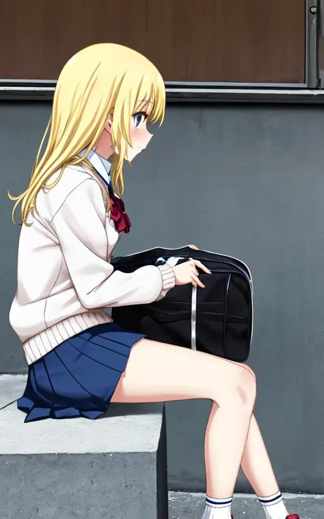 <lora:gs_priestess:0.3> gs_priestess 1girl, blonde hair, from side, school uniform, brown  long sleeve, sweater  ankle socks, school bag