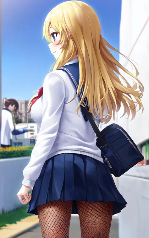 <lora:gs_priestess:0.3> gs_priestess 1girl, blonde hair, hip view, school uniform, navy  long sleeve, sweater  fishnet tights, school bag