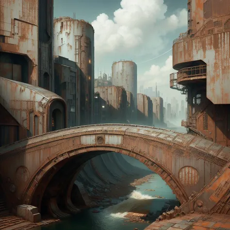 <lora:OxideTech-20:1>,oxidetech ,scifi,rusty steel,   junker,
city, bridge, river