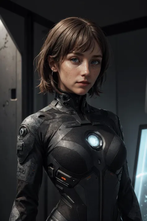 a woman in a futuristic suit standing in a room