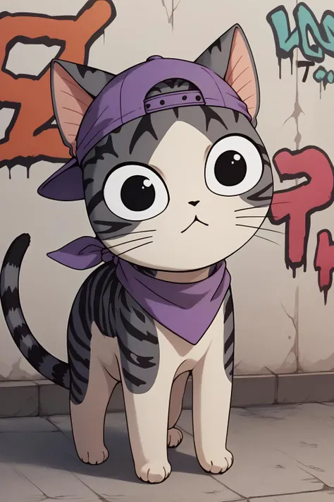 score_9, score_8_up,  <lora:ChamChiYamadaPonyXL:1> black eyes, ChiYamada, cat, no humans, purple bandana, graffiti, sideways cap