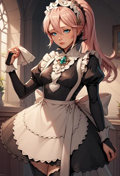 a woman in a maid outfit holding a knife and a paper