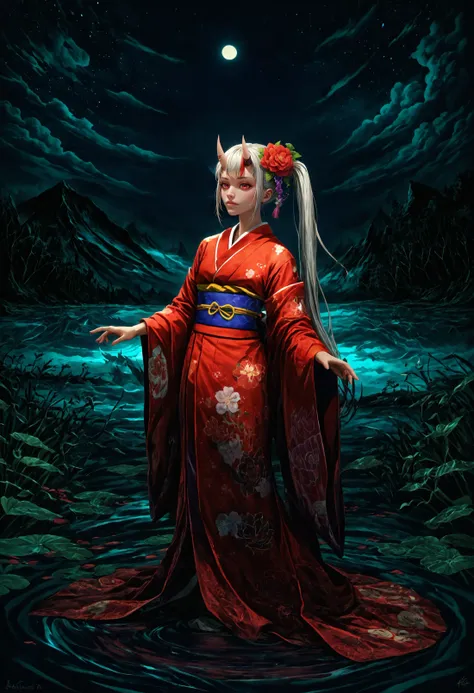 a woman in a red kimono standing in a body of water