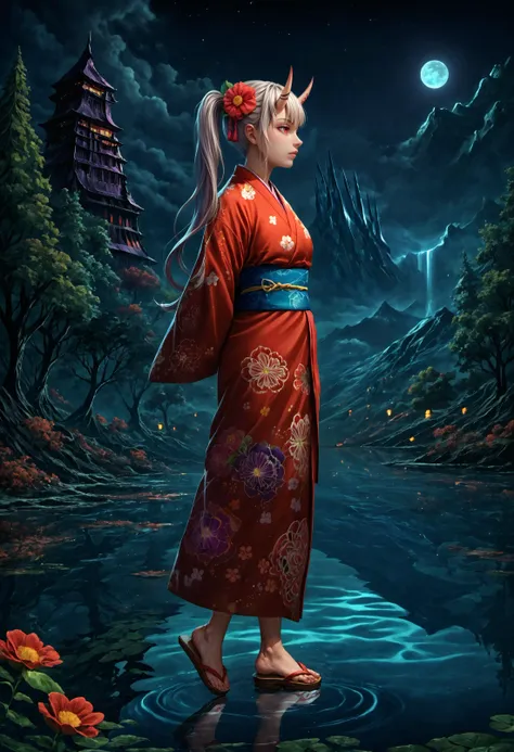 a woman in a red kimono standing in a lake at night