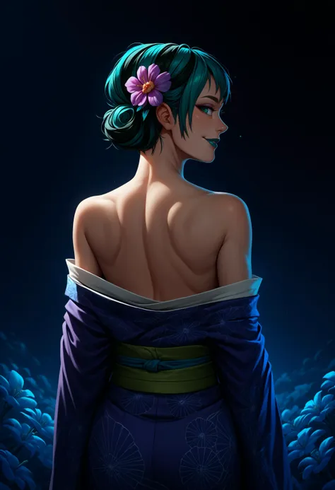 score_9, score_8_up, score_7_up, gwentd, 1girl, solo, two-tone hair, lipstick, makeup, kimono, floral print, hair flower, sash, off shoulder, back, shoulder blades, from behind, looking back, smile, ethereal lighting, purple, nighttime, darkness, surreal a...