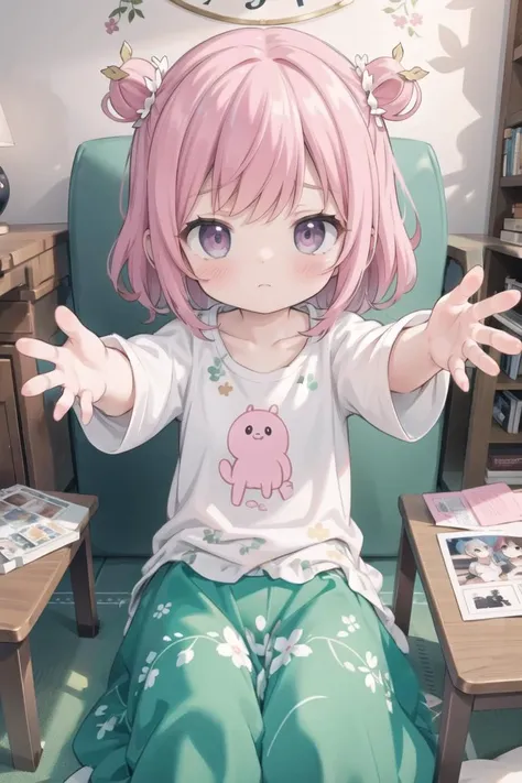 anime girl sitting in a chair with her hands out