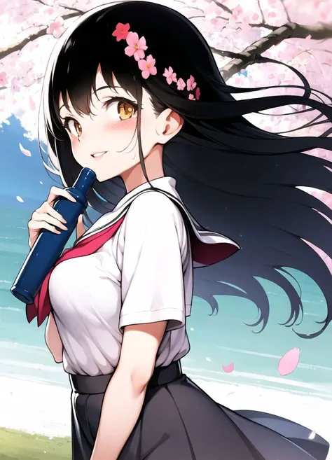 anime girl with long black hair holding a blue bottle