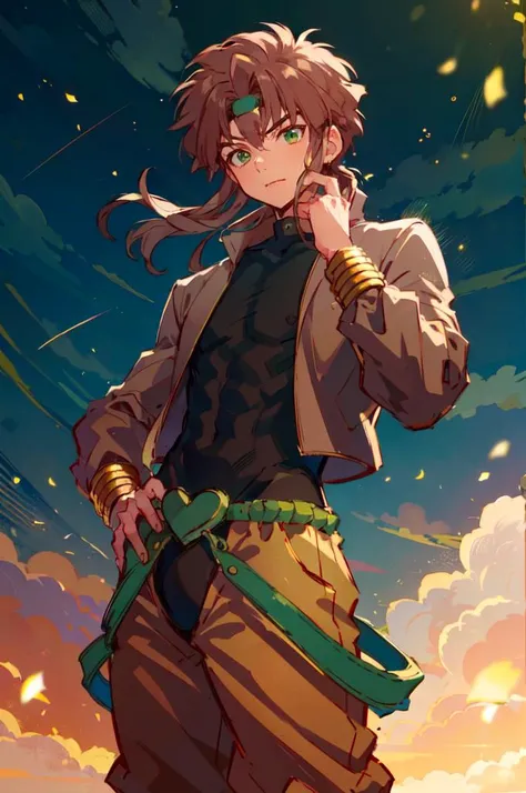 cowboy shot,  <lora:HiroDigi:0.8> HiroDigi, 1boy, brown hair, green eyes, <lora:OUTFIT-dio:1> outfit-dio,headband,, ultra detailed, masterpiece, best quality, aesthetic, detailed,