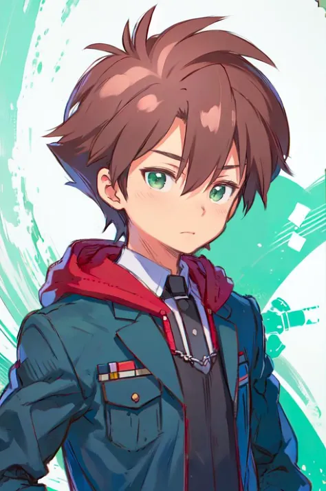 <lora:HiroDigi:0.8> HiroDigi, 1boy, brown hair, green eyes, blue jacket, red hoodie,  <lora:kuroboshi_kouhaku_style_v01:1>, ultra detailed, masterpiece, best quality, aesthetic, detailed,