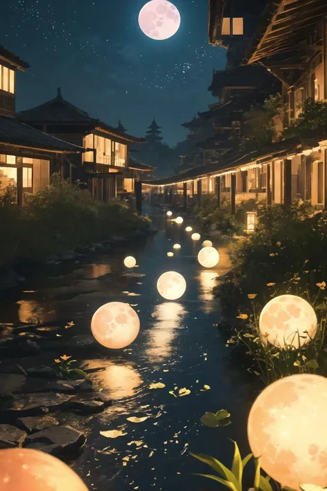 (Super detailed), (Illustrations), (Very delicate and beautiful), (Detail Light), (warm color system), Vistas, Perspective, Gods Light, Shrink Light, Outdoor,Family reunion, Mid-Autumn Festival reunion, evening, shooting stars, (1 round big moon), bright e...