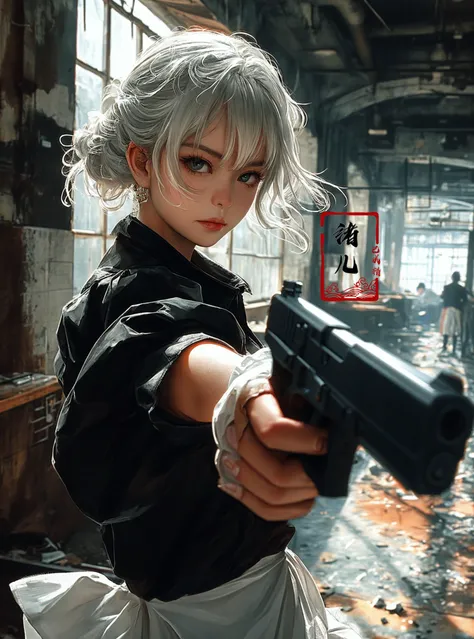 anime girl with gun in a dirty warehouse with a lot of debris