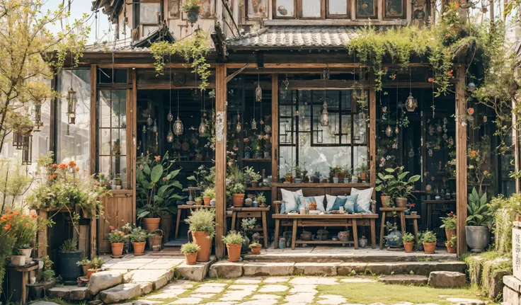 a close up of a porch with a bench and a table