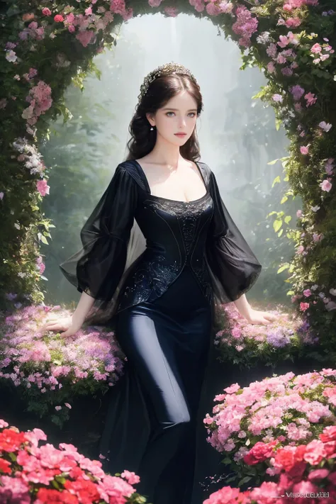 a skswoman, masterpiece, best quality, photorealistic, Realistic,redshift style, a real perfect female body of a woman, perfect face, intricate, elegant, highly detailed, elegant designer clothes,seductive,flower garden, (by Tom Bagshaw and lisa yuskavage)...