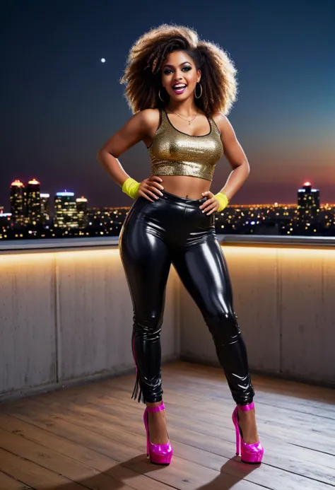 (medium full shot) of  (dazzling disco dancer) young woman, indian, brown eyes, deep skin tone, curvy, disco curls,             wearing glossy black shiny tank top,high-waisted trousers with neon leggings,disco heels,  fringe gloves, metallic eyeshadow, su...