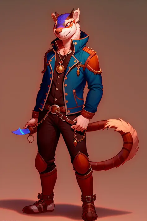 fantasycharacter, 1boy solo, standing, male focus, (sharp teeth, holding a weapon, jewelry, tail, full body, jacket, brown pants, necklace, claws, red eyes, shirt, blue jacket)