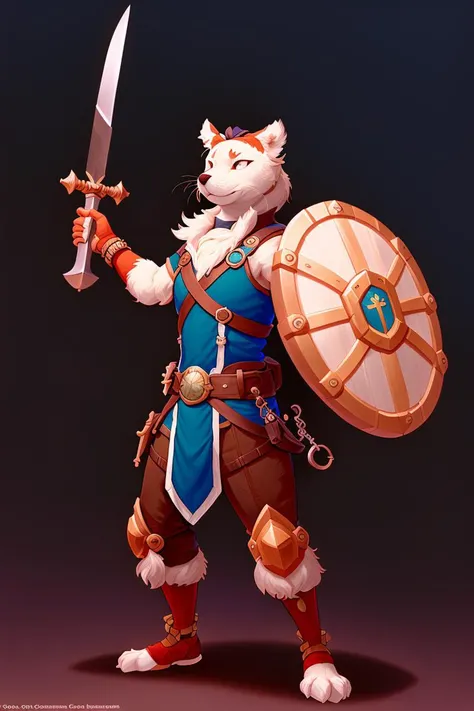 digital painting of a hero in style of fantasycharacter, holding a sword pointed up, holding a shield in defensive position, looking at the viewer, front view