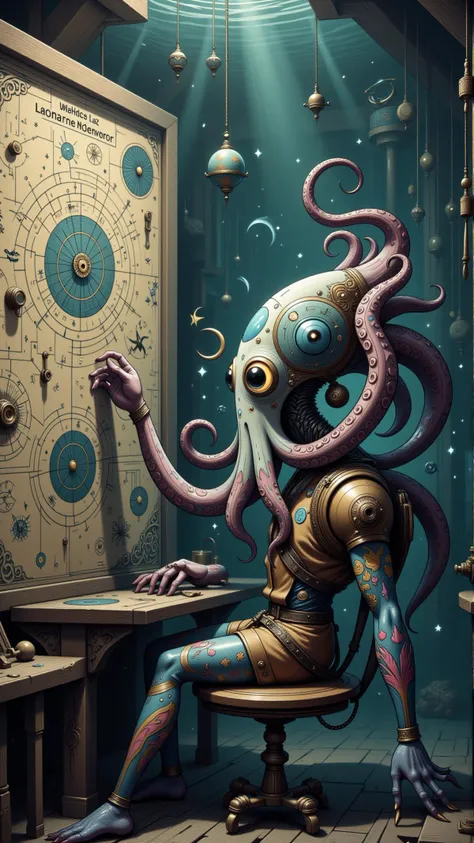 a cyborg octopus named zara, adorned with iridescent tattoos, rearranges the celestial maps etched into the walls of an abandone...