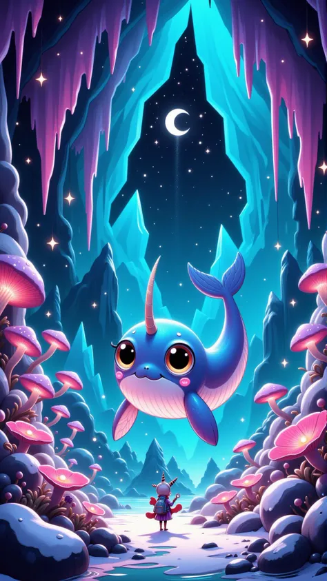 vibrant digital illustration of a mystical, iridescent glacier cave with a lone, glowing narwhal sculpture crafted from shimmeri...