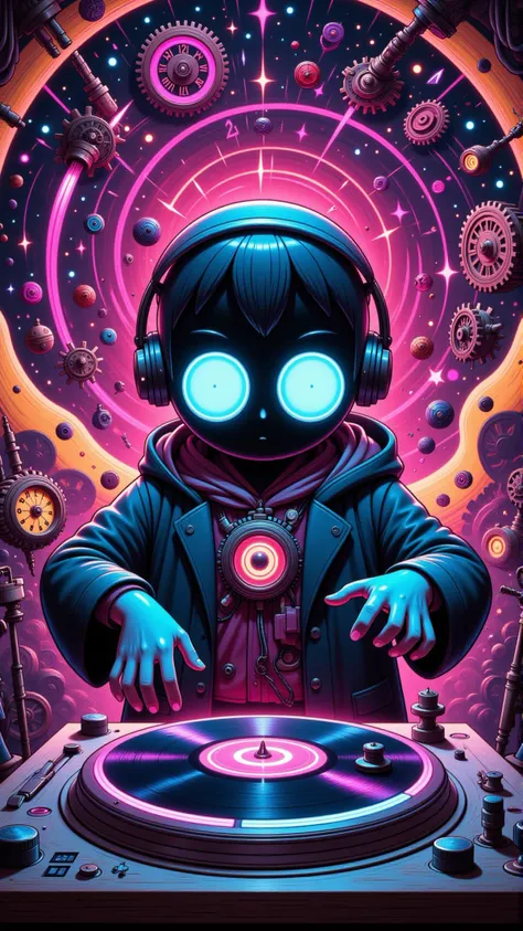 a neon-drenched chrono dj spinning a temporal vinyl on a gravity-defying turntable amidst a swirling vortex of clockwork gears a...