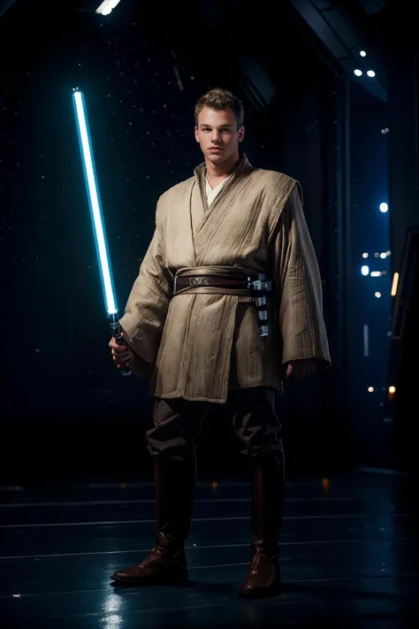 a man in a jedi costume holding a light saber