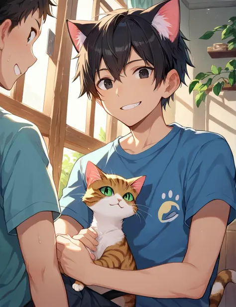 anime boy holding a cat in his arms while another boy looks on