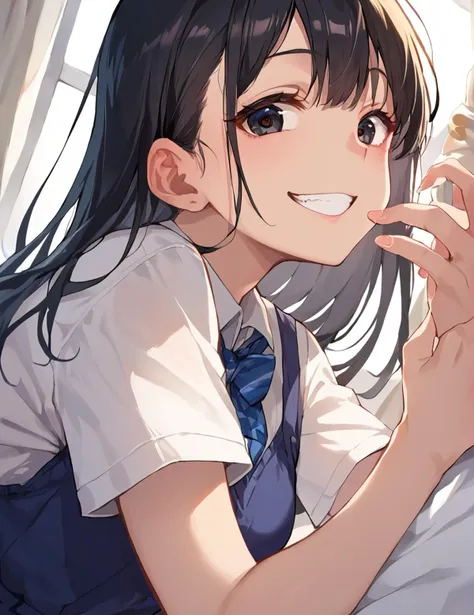 anime girl with long black hair and blue tie holding a cell phone