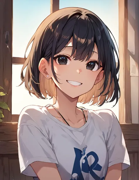 anime girl with short hair and a white shirt sitting in front of a window